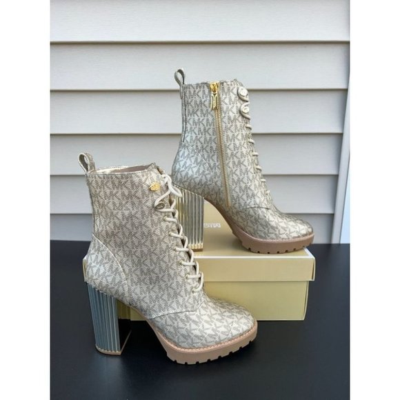 Michael Kors Porter Lace Up Boot Designer MK Signature Pale Gold - Picture 1 of 12